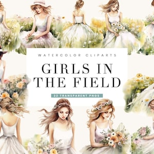 22 Watercolor Girls in the Field Clipart Bundle Sublimation Designs, Instant Download Watercolor Clipart Digital Download Png Files