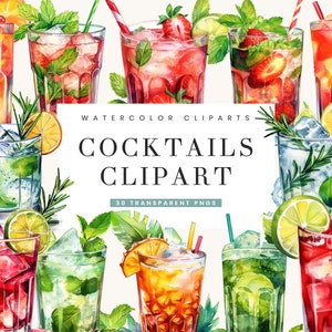 30 Watercolor Cocktails Clipart bundle, digital download, digital planner, instant download, watercolor clipart, commercial use,