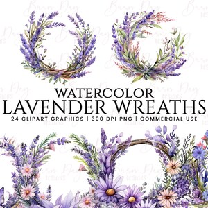 Watercolor Lavender Wreath Clipart Bundle (Digital Download)