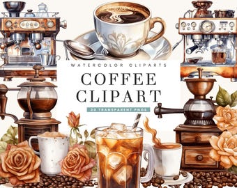 May include: Watercolor clipart set of coffee themed illustrations. Includes a coffee maker, grinder, cup of coffee, iced coffee, and roses.  30 transparent PNGs.  Watercolor Coffee Clipart.