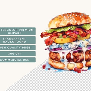 Op de afbeelding: Een aquarel van een gourmetburger met spek, sla, tomaat, ui en blauwe kaassaus. De burger ligt op een blauw-wit bord met granaatappelpitten.