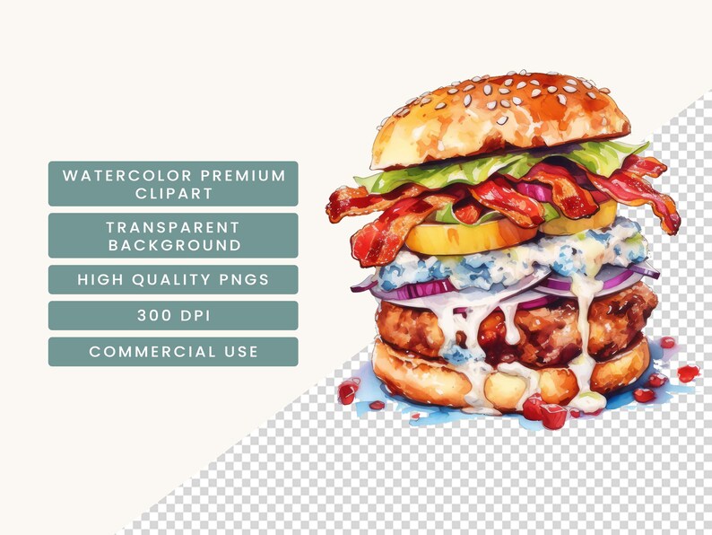 Op de afbeelding: Een aquarel van een gourmetburger met spek, sla, tomaat, ui en blauwe kaassaus. De burger ligt op een blauw-wit bord met granaatappelpitten.