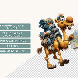 May include: A cartoon camel illustration, laden with luggage and a map. The camel is tan with blue and brown packs, and a blue headscarf. Text on the left reads: "PREMIUM CLIPART BUNDLE", "TRANSPARENT BACKGROUND", "HIGH QUALITY PNGS", "300 DPI", "COMMERCIAL USE".