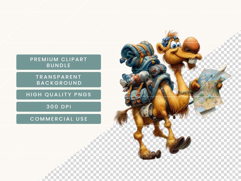 May include: A cartoon camel illustration, laden with luggage and a map. The camel is tan with blue and brown packs, and a blue headscarf. Text on the left reads: "PREMIUM CLIPART BUNDLE", "TRANSPARENT BACKGROUND", "HIGH QUALITY PNGS", "300 DPI", "COMMERCIAL USE".