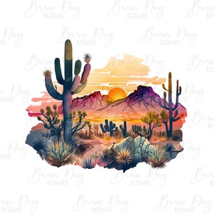 K&ouml;nnte beinhalten: Eine Aquarell-Illustration einer W&uuml;stenlandschaft mit einem Sonnenuntergang im Hintergrund. Die Szene zeigt einen gro&szlig;en Saguaro-Kaktus, kleinere Kakteen und Berge in der Ferne. Der Himmel ist in leuchtenden Orange- und Rosat&ouml;nen gehalten.
