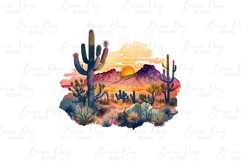 K&ouml;nnte beinhalten: Eine Aquarell-Illustration einer W&uuml;stenlandschaft mit einem Sonnenuntergang im Hintergrund. Die Szene zeigt einen gro&szlig;en Saguaro-Kaktus, kleinere Kakteen und Berge in der Ferne. Der Himmel ist in leuchtenden Orange- und Rosat&ouml;nen gehalten.