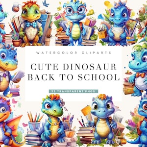 32 Aquarela Cute Dinosaur Back to School Clipart Bundle Sublimation Designs Download digital, download instantâneo, arte para impressão,