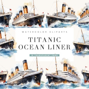 Paquete de imágenes prediseñadas del Titanic en acuarela: diseños de transatlánticos (descarga digital)
