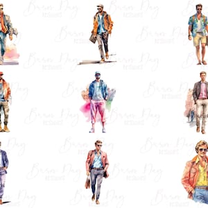 May include: A digital illustration of ten men wearing different outfits. The men are depicted in a watercolor style with a white background.
