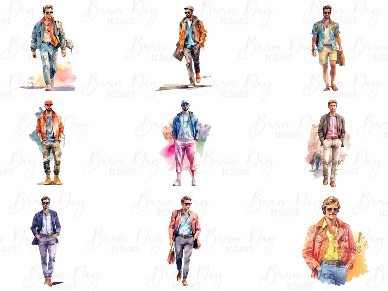 May include: A digital illustration of ten men wearing different outfits. The men are depicted in a watercolor style with a white background.
