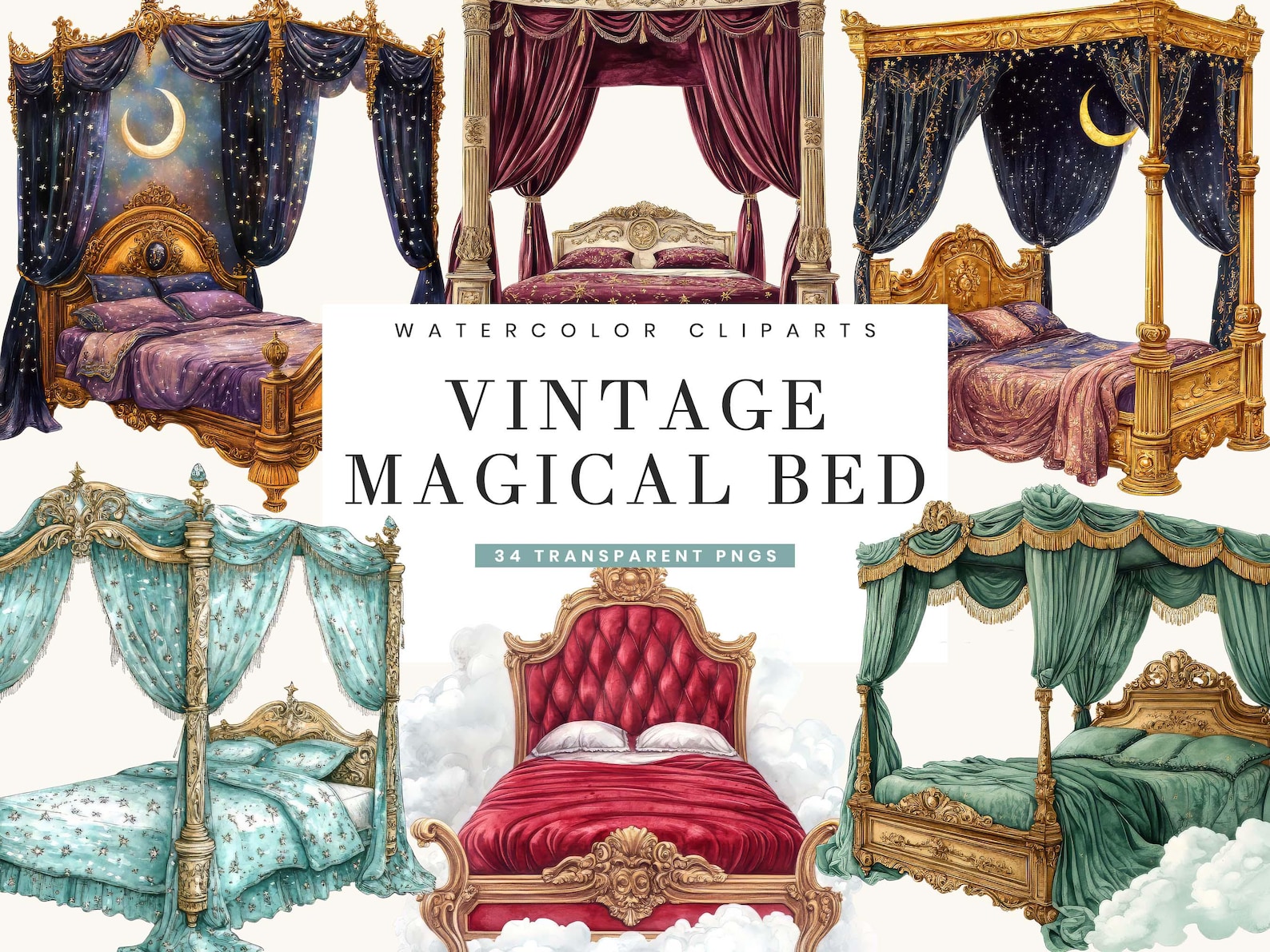 Watercolor Magical Bed Clipart Bundle, Vintage Style (digital Download ...