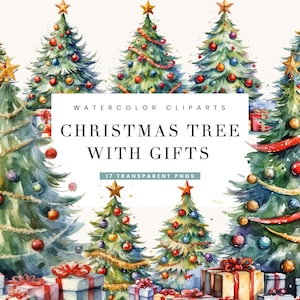 17 Watercolor Christmas Tree with Gifts Clipart Bundle Digital Download, Sublimation Designs, Instant Download Png Files, Digital Prints