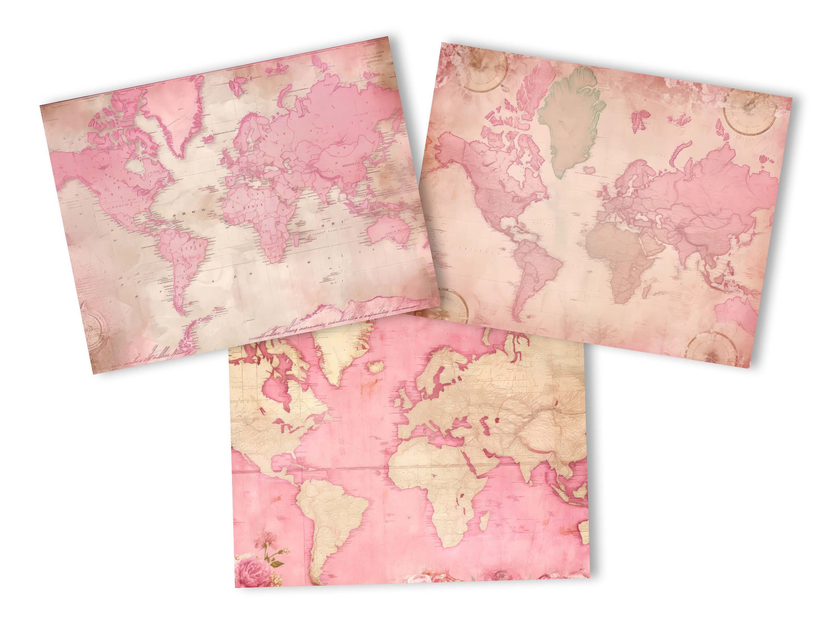 Shabby Pink Romantic Maps Digital Paper Pack: Junk Journal Prints ...
