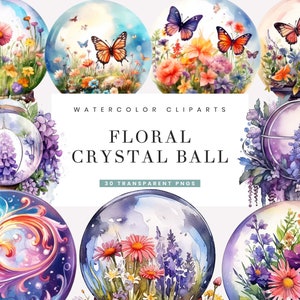 30 Watercolor Floral Crystal Ball clipart bundle, digital download, digital planner, instant download, watercolor clipart, commercial use,