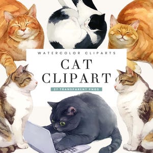 Lot de 27 cliparts chat aquarelle en téléchargement numérique, impressions numériques, fichiers PNG imprimables chat d'art, impressions animalières