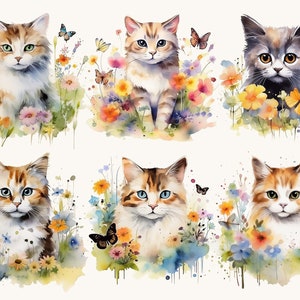 20 Watercolor Cat with Flowers Clipart Sublimation Designs, Instant Download Watercolor Clipart, Printable Art, Digital Download Png Files image 3