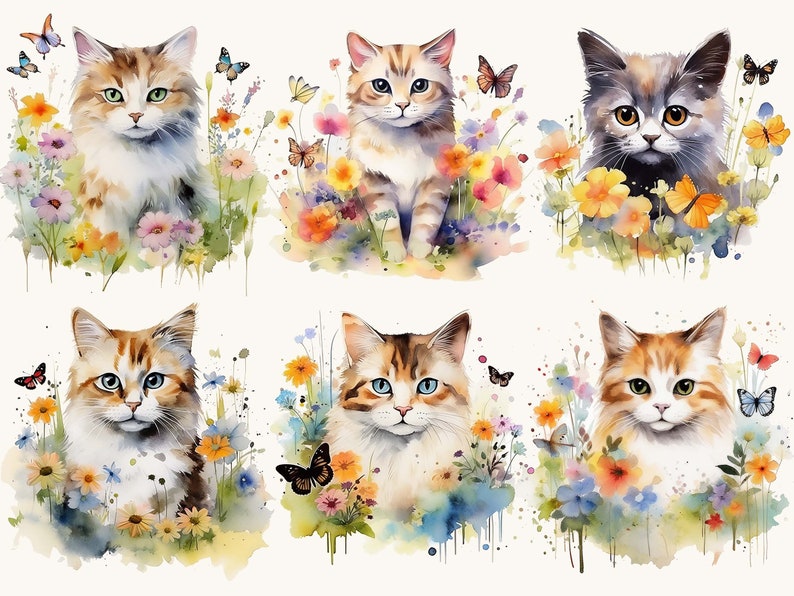 20 Watercolor Cat with Flowers Clipart Sublimation Designs, Instant Download Watercolor Clipart, Printable Art, Digital Download Png Files image 3