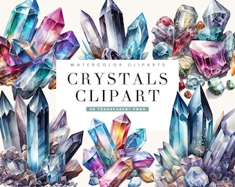 May include: Watercolor clipart of 28 transparent PNGs of colorful crystals. The crystals are in various shapes and sizes, and some are clustered together. The text "WATERCOLOR CLIPARTS CRYSTALS CLIPART 28 TRANSPARENT PNGS" is in the center of the image.