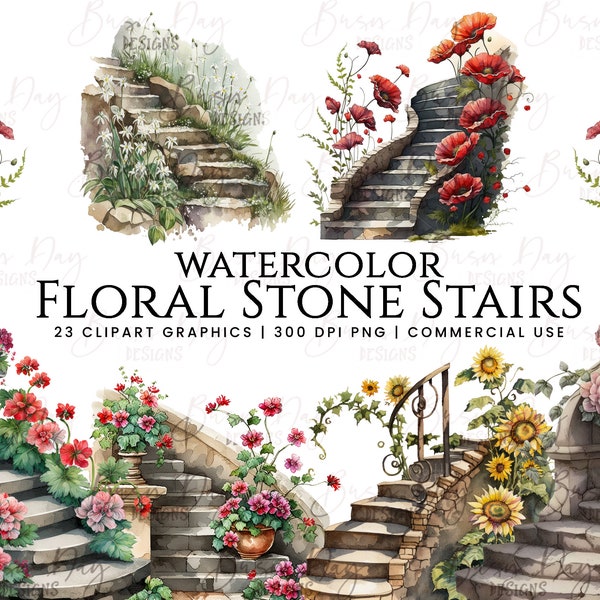 23 Watercolor Floral Stone Stairs clipart bundle, digital download, digital planner, instant download, watercolor clipart, commercial use,