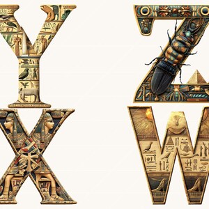 May include: Four stylized letters, Y, X, Z, and W, are depicted in a detailed, ancient Egyptian style. The letters are tan with intricate carvings, hieroglyphs, and illustrations of scarab beetles, pyramids, and pharaohs. The letters are set against a white background.
