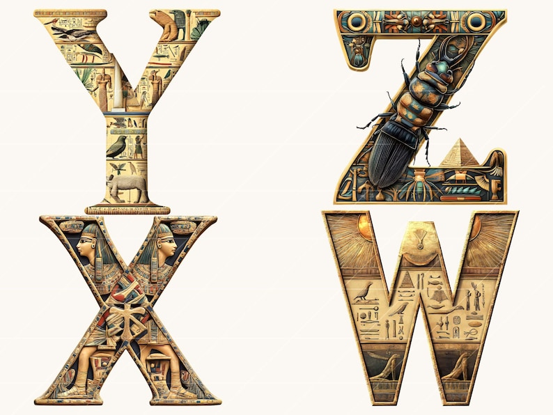 May include: Four stylized letters, Y, X, Z, and W, are depicted in a detailed, ancient Egyptian style. The letters are tan with intricate carvings, hieroglyphs, and illustrations of scarab beetles, pyramids, and pharaohs. The letters are set against a white background.