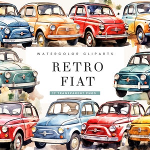 17 aquarel retro Fiat 500 clipart bundel sublimatie ontwerpen afdrukbare kunst Instant Download aquarel clipart zeer fijne tekeningen afdrukken, png-bestanden
