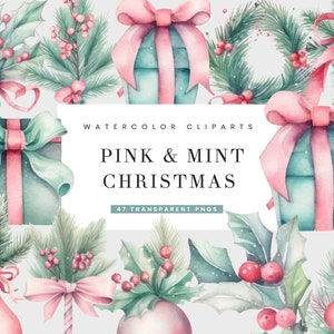 47 Aquarell Rosa & Minze Weihnachtselemente Clipart Bundle Sublimationsdesigns, druckbare Kunst, Sofortiger Download Digitale Dateien Png Bundle