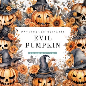 9 Watercolor Evil Pumpkin Clipart Bundle Digital Download Sublimation Designs, Printable Art, Instant Download Png Files, Clip art Bundle