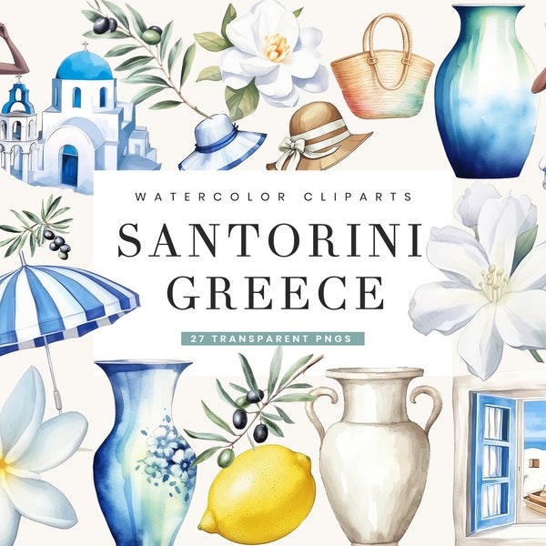 27 Watercolor Santorini Greece Summer Vacation Clipart Bundle Sublimation Designs Printable Wall Art, Png Bundle, Instant Download