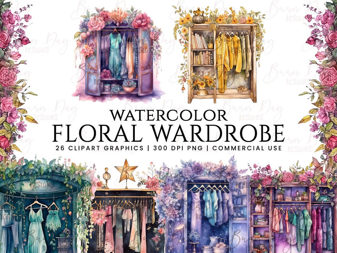 Watercolor Wardrobe Clipart Bundle: Floral Closet Designs (digital ...