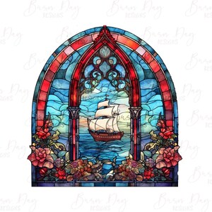 May include: A stained glass window design featuring a ship sailing on a blue sea with red, blue, and green floral accents.