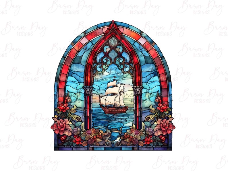 May include: A stained glass window design featuring a ship sailing on a blue sea with red, blue, and green floral accents.