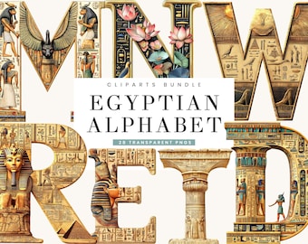 May include: A digital clipart bundle featuring an Egyptian alphabet. Each letter is intricately designed with hieroglyphs, pharaohs, and other ancient Egyptian motifs. The letters are in gold and beige tones, with some letters incorporating floral elements.