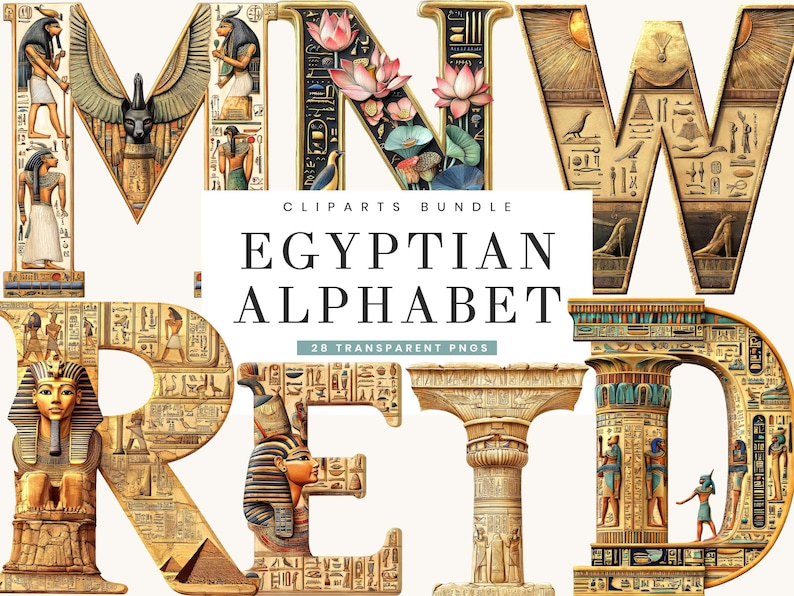 May include: A digital clipart bundle featuring an Egyptian alphabet. Each letter is intricately designed with hieroglyphs, pharaohs, and other ancient Egyptian motifs. The letters are in gold and beige tones, with some letters incorporating floral elements.