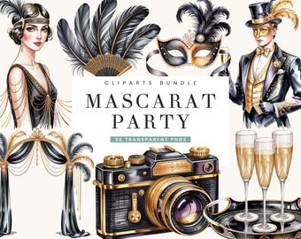 Masquerade Party Clipart Bundle, Watercolor PNG (Digital Download)