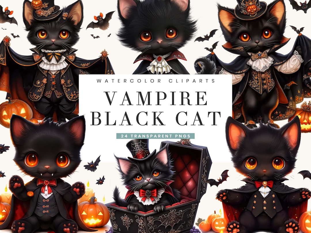 Halloween Vampire Black Cat Clipart Bundle: Spooky PNG Designs (digital ...
