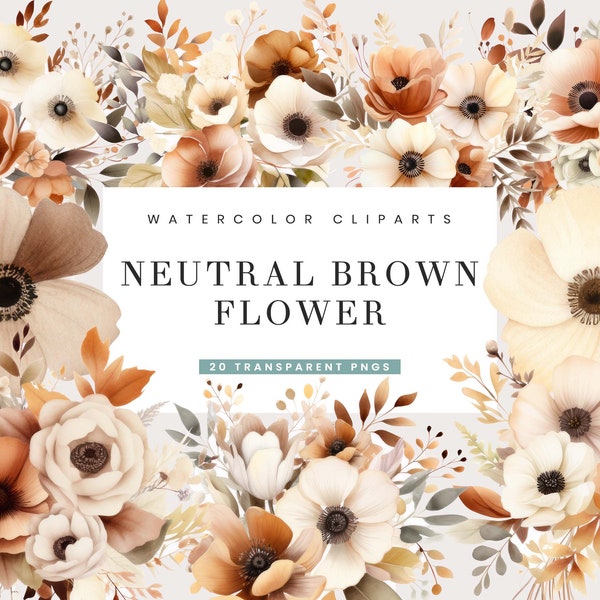 20 Aquarell Neutral Braun Blumen Clipart Bundle, digitaler Download, sofortiger Download, druckbare Kunst Sublimation Designs, digitale Wandkunst
