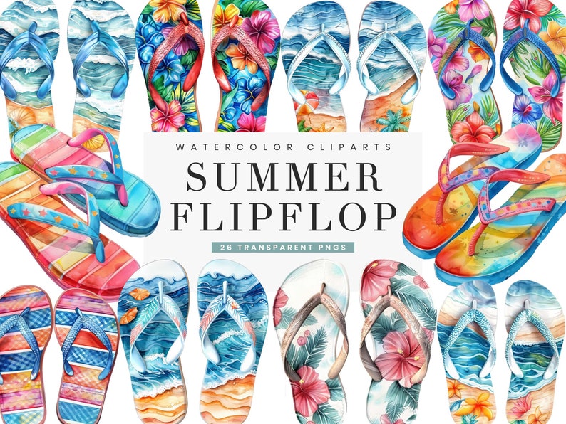 May include: A set of 26 watercolor illustrations of summer flip flops. The flip flops are decorated with various designs, including tropical flowers, seashells, and waves. The illustrations are perfect for creating summer-themed designs.