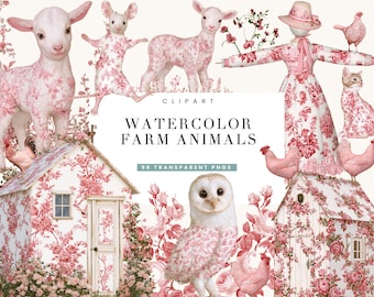 96 Farm Animals Clipart Bundle | Watercolor Pink Toile PNG | Cottagecore Farm, Barn & Nursery Graphics