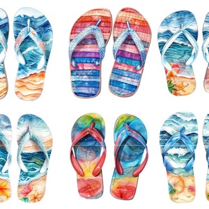 May include: Six pairs of colorful flip-flops with various beach-themed designs, including ocean waves, palm trees, and seashells.