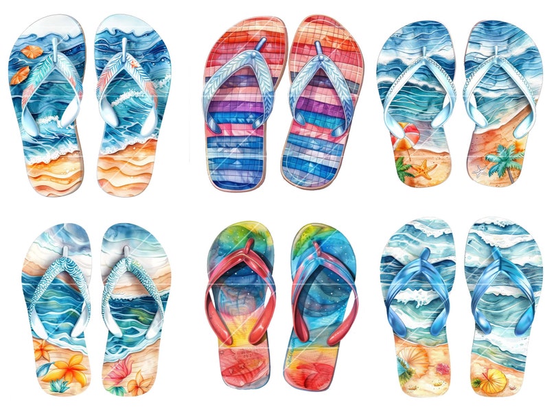 May include: Six pairs of colorful flip-flops with various beach-themed designs, including ocean waves, palm trees, and seashells.