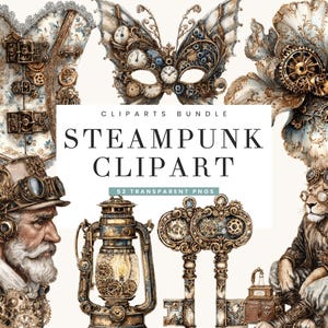 Könnte beinhalten: Steampunk-Cliparts-Bundle mit verschiedenen Designs. Enthält ein Korsett, eine Maske, eine Blume, ein Porträt eines Mannes, eine Laterne, Schlüssel und einen Löwen. Die Designs beinhalten Zahnräder, Uhren und mechanische Elemente mit einer Vintage-Ästhetik. Der Text auf dem Bild lautet "Steampunk Clipart".