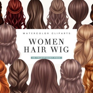 40 女性のヘアスタイル ウィッグ クリップアート バンドル 昇華デザイン デジタル ダウンロード、インスタント ダウンロード、水彩クリップアート、デジタル プリント PNG ファイル