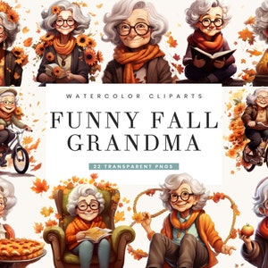 22 Aquarell lustige Herbst Oma Clipart Bundle Sublimation Designs Sofortiger Download Digitaldrucke Digitaler Download Kommerzielle Nutzung