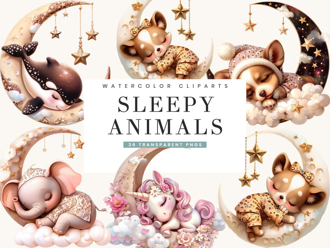 36 Watercolor Sleepy Animals Clipart Bundle Sublimation Designs Digital ...