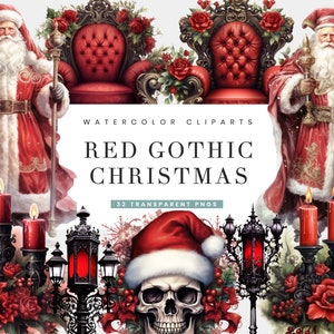 32 Watercolor Red Gothic Christmas Clipart Bundle Digital Download Sublimation Designs, Printable Art, Instant Download PNG Files