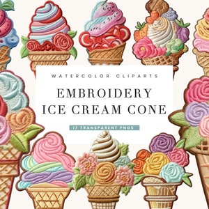 17 Aquarell Stickerei Eis Waffel Clipart Bundle Sublimation Designs Digitaldrucke, Sofortiger Download Png-Dateien Digitaler Download