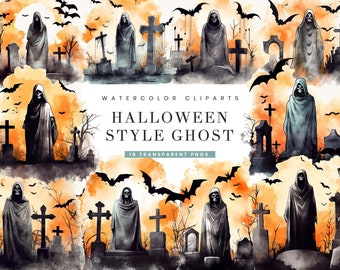 May include: Watercolor illustrations of ghosts in a graveyard setting. The ghosts are wearing hooded robes and are standing in front of tombstones. The background is a watercolor wash of orange and yellow.