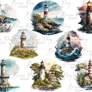 May include: Ten watercolor illustrations of lighthouses in various settings. Each lighthouse is painted in red and white stripes with a white top. The lighthouses are surrounded by water, rocks, and greenery. Some lighthouses are in stormy seas, while others are in calm waters. The illustrations are perfect for adding a nautical touch to any project.