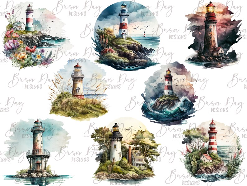 May include: Ten watercolor illustrations of lighthouses in various settings. Each lighthouse is painted in red and white stripes with a white top. The lighthouses are surrounded by water, rocks, and greenery. Some lighthouses are in stormy seas, while others are in calm waters. The illustrations are perfect for adding a nautical touch to any project.